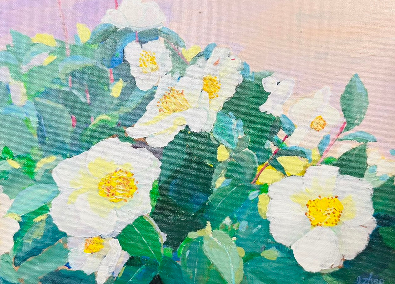 WHITE CAMELLIA- ACRYLIC PAINTING - ARTIST: J. ZHAO