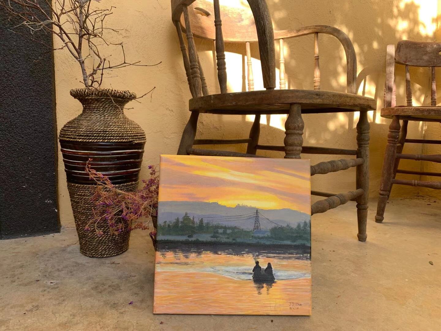 SUNSET ON THE RIVER - ACRYLIC PAINTING - ARTIST: J. ZHAO