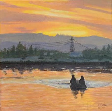SUNSET ON THE RIVER - ACRYLIC PAINTING - ARTIST: J. ZHAO